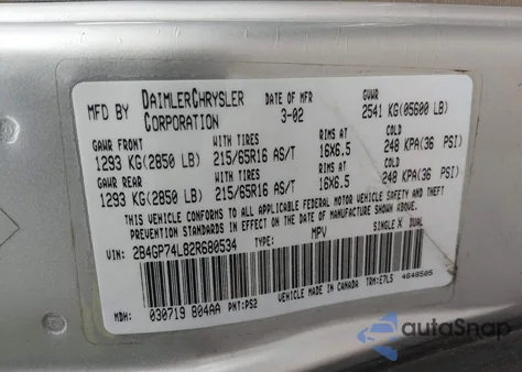 2002 Dodge Grand Caravan Ex из США, поврежденный, VIN 2B4GP74L82R680534